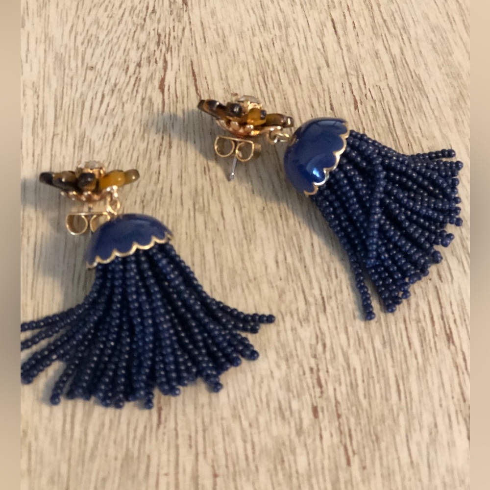 J. Crew Tassel Earrings in navy and tortoise